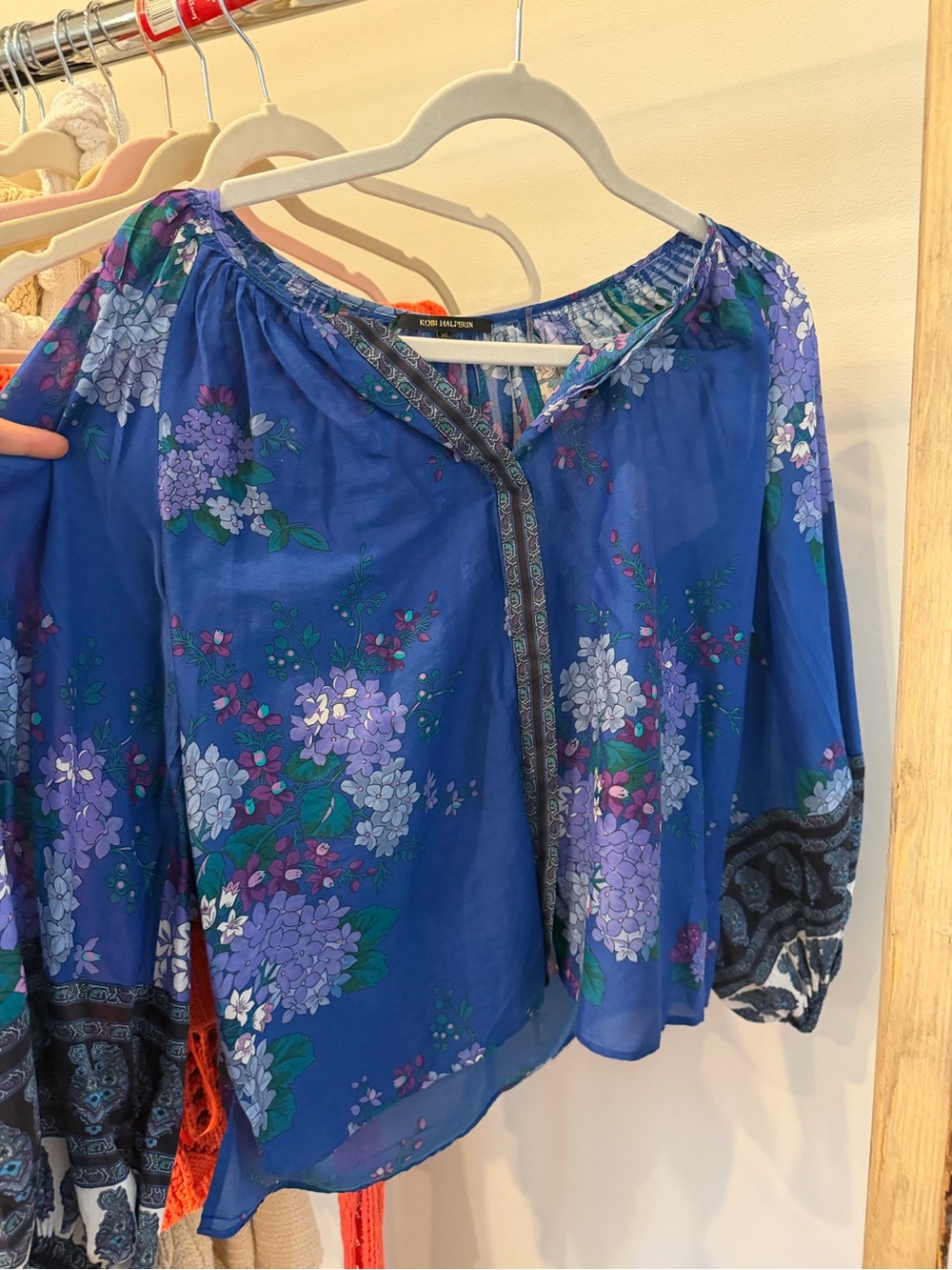 Kobi Halperin Royal Blue Floral Peasant Blouse